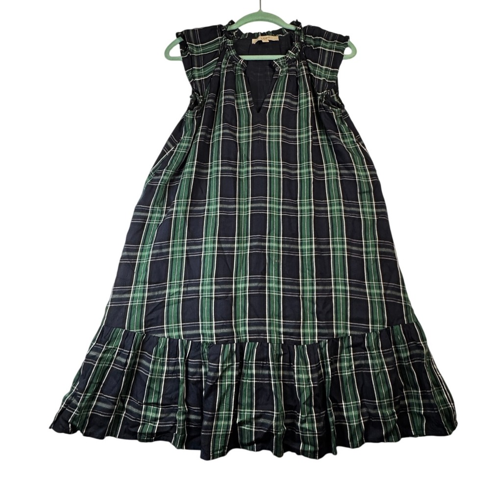 Loft Navy Green Plaid Sleeveless Midi Dress Ruffle Neck Casual Boho Cap Sleeve